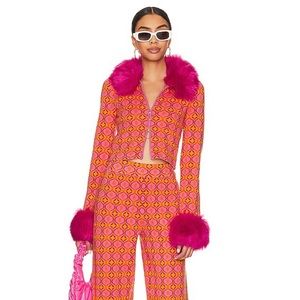 Show Me Your MuMu pink jacquard sweater with faux fur collar and sleeve cuffs.